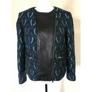 CLUB MONACO Moto Jacket Size 2 Lambskin Leather Detail Blue Jacquard Brocade